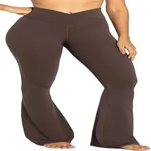 Damen Crossover High Waist Schlaghose Yoga Leggings Slim Fit Fitness braune Hose Detail