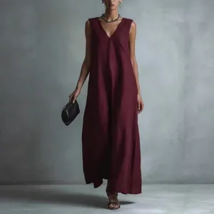 Elegant women casual V-neck sleeveless solid color maxi dress for summer daily wear