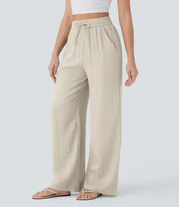High waist drawstring wide leg linen pants with side pockets. Casual summer beach pants.