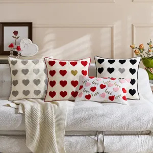Valentine's Day plush pillow cover set with cute heart embroidery and love print for sofa decor.
