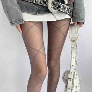 Women sheer pantyhose with sparkling cross diamond pattern, chic spring summer tights.