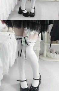 Spitzen Schleife Kniestrümpfe Detailaufnahme, süßer japanischer JK Stil Zubehör.