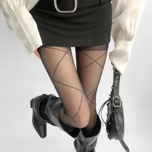 Women sheer pantyhose with vintage cross diamond pattern, sexy slim fit tights for spring and summer.