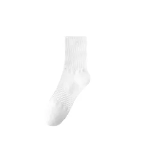 White mid-tube socks for men and women, solid color breathable ribbed cotton daily socks.