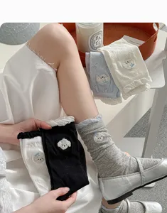 Women summer thin cute puppy embroidered cotton crew socks breathable mesh white grey black