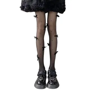 Black sheer Lolita tights with cute bows and pearls, thin summer hosiery for women.