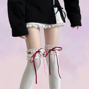 Spitze Schleife Band Lolita Kniestrümpfe Japanisch Süß JK College Stil Baumwolle Lange Strümpfe Damen Strumpfwaren