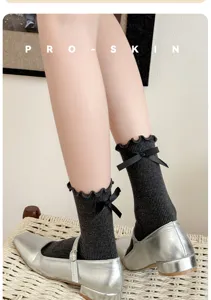 Calzini donna volant grigio scuro fiocco carino calze lavorate a maglia cotone stile kawaii
