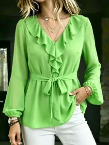 Elegant women's long sleeve V-neck blouse with double ruffle collar and waist tie for daily wear.
