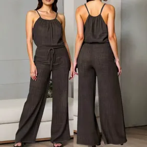Textured spaghetti strap jumpsuit featuring a drawstring waist and elegant wide-leg casual pants.