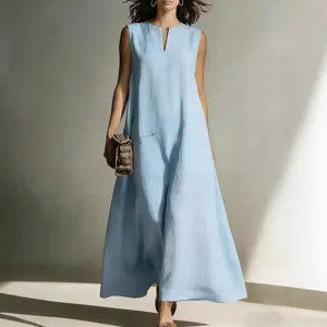 Women Casual Sleeveless V-Neck Maxi Dress Simple Versatile Loose A-Line Long Dress With Pockets Solid Color Polyester Summer Sundress