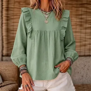 Women Casual Ruffle Long Sleeve Blouse Boho Solid Color Bubble Sleeve Shirts Tops