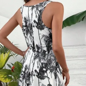 Black and white tropical palm tree print sleeveless summer casual dress for women daily wear