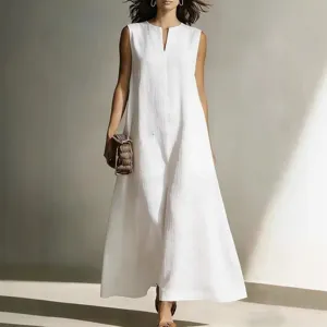 Elegant women's casual sleeveless solid white maxi dress for summer, chic daily wear.
