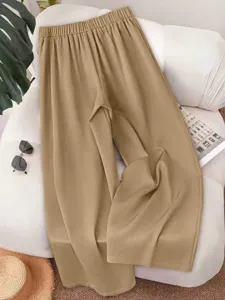 Casual khaki wide-leg pants for women, comfortable elastic high waist, loose fit daily wear.