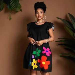 Black short sleeve round neck dress with colorful flower print for women casual summer wear