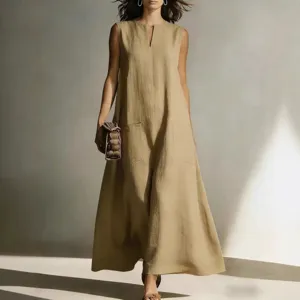 Women casual sleeveless maxi dress summer solid color V-neck loose long dress with pockets