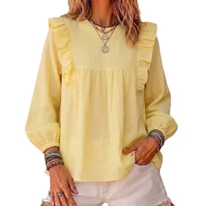Bohemian yellow long sleeve blouse with ruffle patchwork and bubble sleeve design for women.