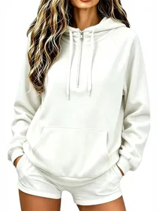 Set felpa con cappuccio e zip corta tinta unita casual da donna, abbigliamento primaverile.
