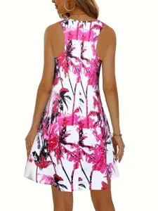 Women Summer Casual Sleeveless Tank Dress Tropical Palm Tree Print Bohemian Mini Dress