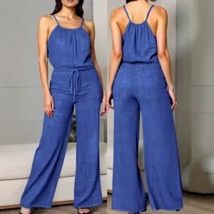 Blue camisole jumpsuit for women, textured fabric, adjustable drawstring waist and wide leg.