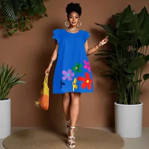 Women casual round neck short sleeve dress with colorful floral print for summer fashion.