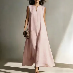 Women casual sleeveless maxi dress summer solid color pink elegant long dress with pockets