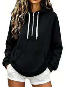 Donna Casuale Tinta Unita Quarto Zip Felpa con Cappuccio Manica Lunga Sportiva Top