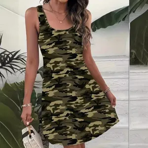 Casual sleeveless camo print mini dress for women, stylish summer daily wear apparel.