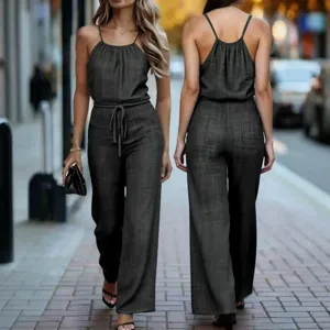 Women's chic grey spaghetti strap jumpsuit with drawstring waist and wide leg casual style.
