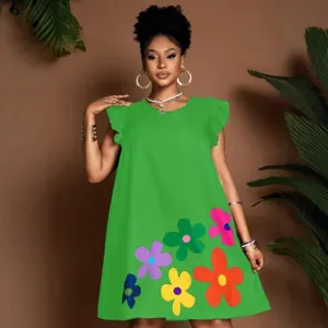 Women green short sleeve casual dress with colorful floral print design for summer fashion.