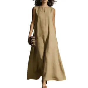 Women's casual minimalist sleeveless maxi dress summer V-neck khaki long dress for daily wear