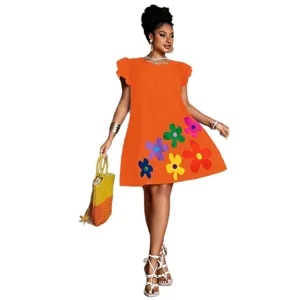 Orange short sleeve floral dress for women casual summer daily wear fashion dress 2025 new