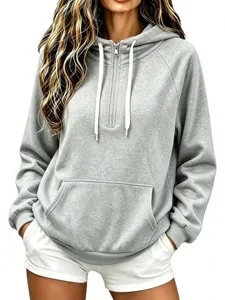 Felpa con cappuccio donna mezza zip manica lunga casual tinta unita con tasca
