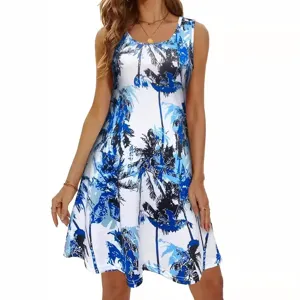 Chic Women's Summer Blue Palm Tree Print Sleeveless Casual Bohemian Beach Dress