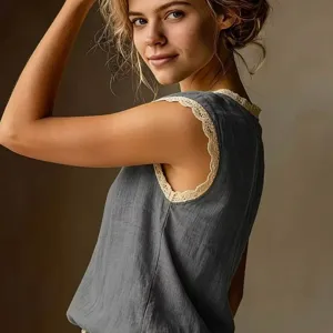 Retro linen sleeveless top for women, vintage round neck blouse with delicate lace trim.