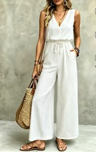 Estate donna bianco senza maniche scollo V coulisse gamba larga lunga tuta outfit