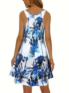 Back view detail of sleeveless summer dress featuring blue and white tropical palm tree print.