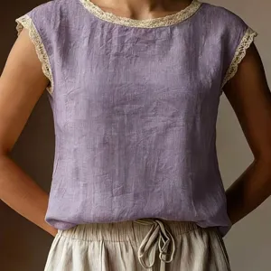 Detailed view of the elegant purple sleeveless linen top featuring delicate beige lace trim.