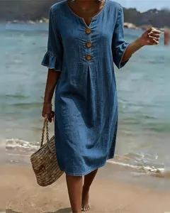 Casual denim dress with V-neck, large buttons, and charming ruffle sleeves for summer.