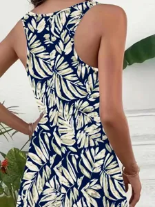 Boho leaf print sleeveless dress detail, perfect casual summer wear for modern women.