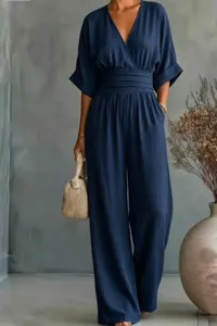 Women Summer Casual V-Neck Jumpsuit Solid Color High Waist Wide Leg Long Pants Outfit.