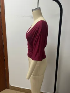 Damen sexy V-Ausschnitt Fledermausärmel tailliertes kurzes Oberteil einfarbig elegante Bluse