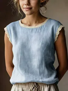 Women's Casual Solid Color Sleeveless T-Shirt Vintage Lace Trim Crew Neck Cotton Linen Summer Basic Top