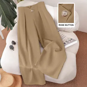 Women high waist wide leg trousers chic khaki casual pants with stylish button detail.