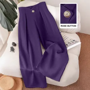 Purple high-waist wide-leg suit trousers for women, casual commuting trousers with button.