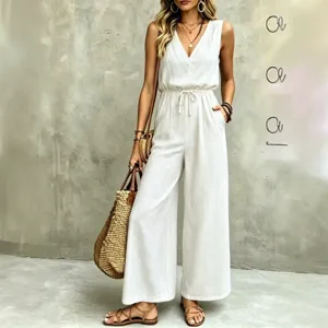 Tuta da Donna Casual Scollo a V Senza Maniche Coulisse in Vita Pantalone Largo Tinta Unita Estate Chic