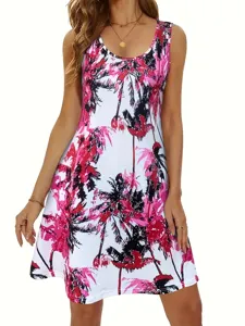 Women casual sleeveless bohemian 3D palm tree print mini dress for summer vacation wear