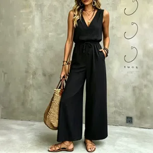 Moda estiva donna scollo V senza maniche coulisse pantaloni lunghi tuta casual chic
