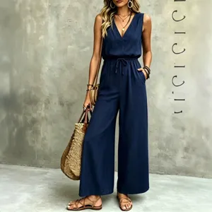 Donna estate casual blu scuro scollo a V senza maniche coulisse vita lunga tuta moda